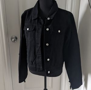 Peach Love boutique black denim fringe jacket, size medium